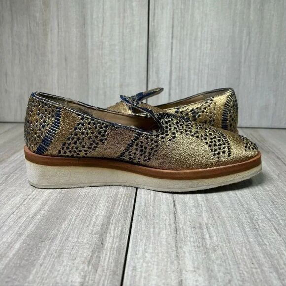 Free People Snake Eyes Metallic Gold Blue Fabric Flat Loafer Women’s Size 7 37 - Picture 3 of 10